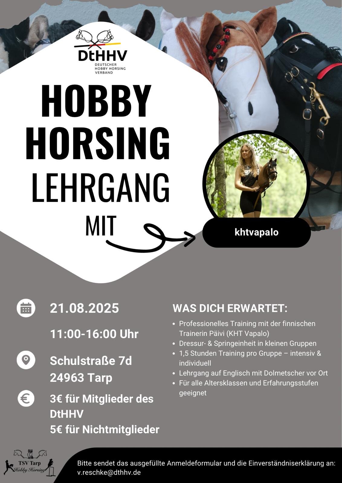 Veranstaltungsflyer: Hobby Horsing Lehrgang mit KHT Vapalo beim TSV Tarp