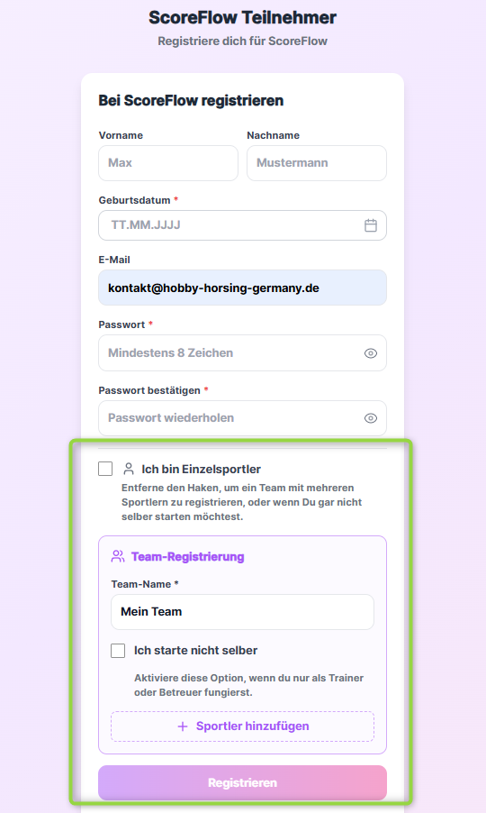 ScoreFlow Registrierung – Auswahl Einzelsportler oder Team-Erstellung